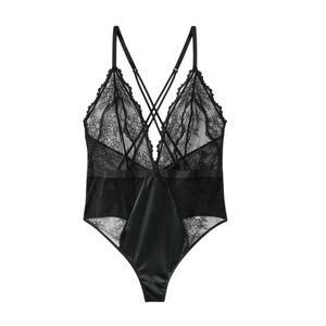 Auden Women's Black Unlined Lace Thong Bodysuit L Strappy Sheer Lingerie